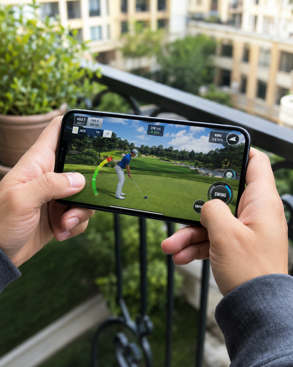 Smartphone displaying a fictional mobile game interface during a WorldMatrixCrown Australian gaming technology exhibition